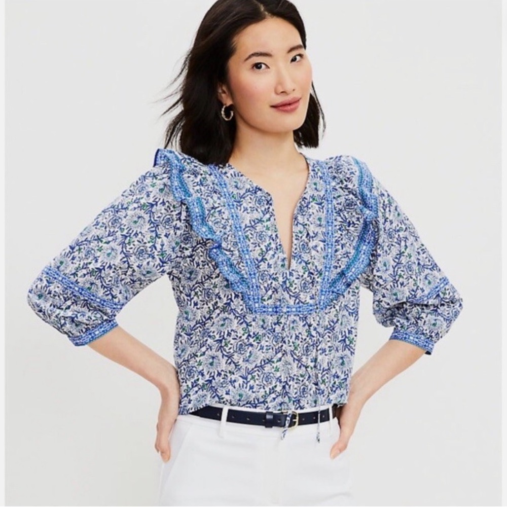 Loft Floral Blue Ruffle Blouse